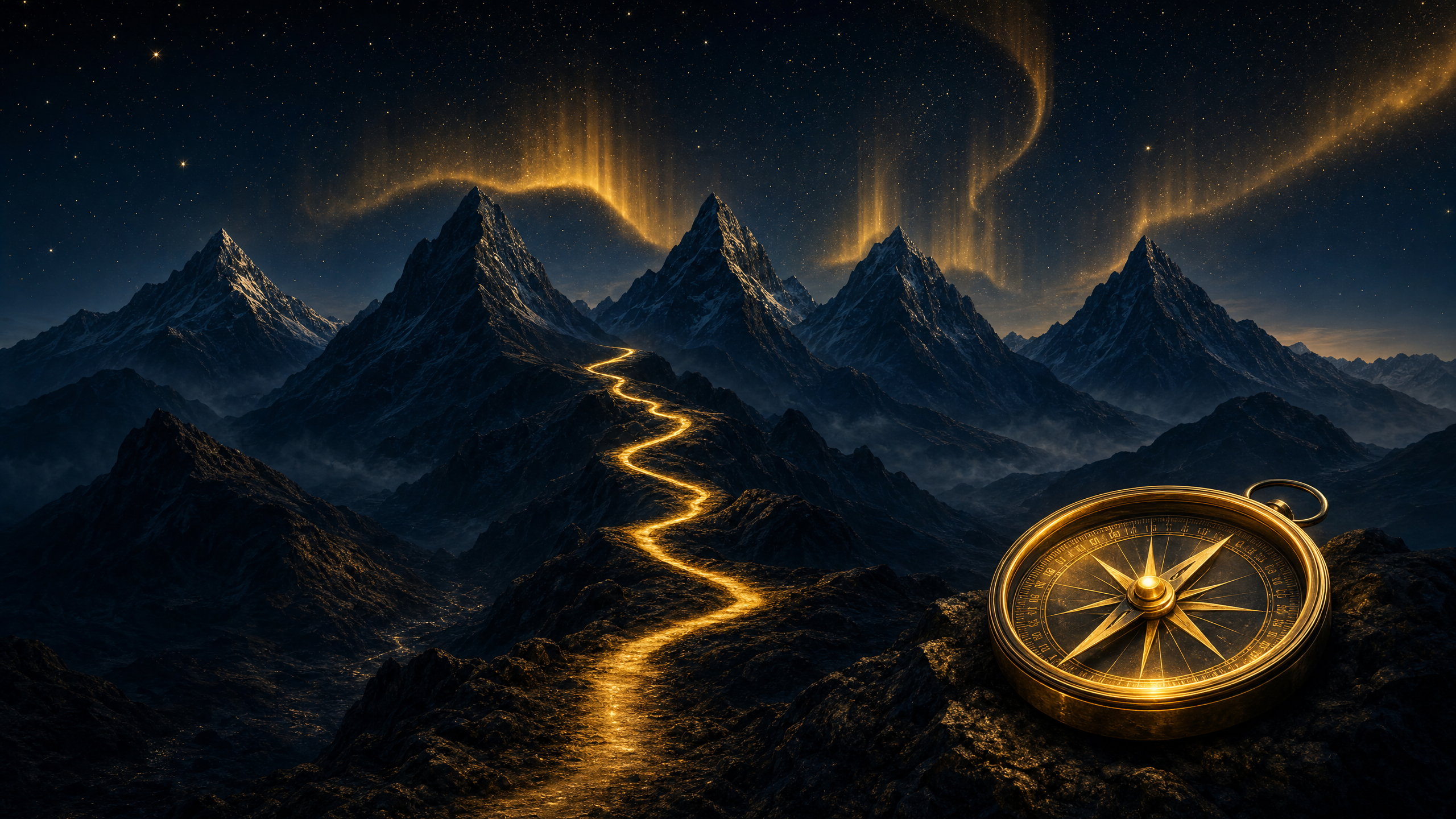 Conceptual image: A golden path winding through dark mountain ridges toward a distant light, with a compass in the foreground, representing the value of planning over impulse