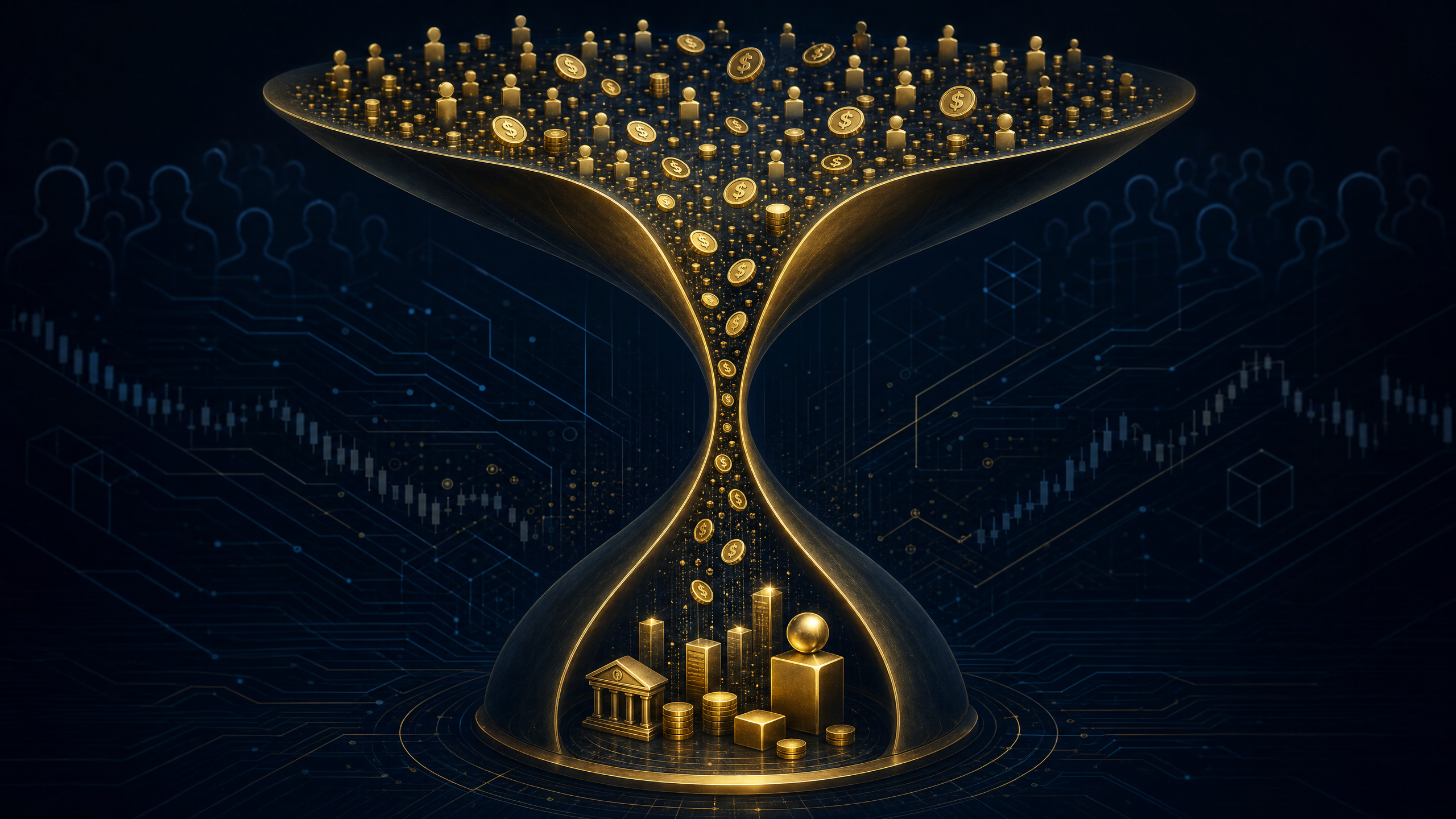 Conceptual image: An hourglass showing coins and retail investors flowing from the top through a narrow neck into institutional buildings at the bottom, representing the liquidity trap structure
