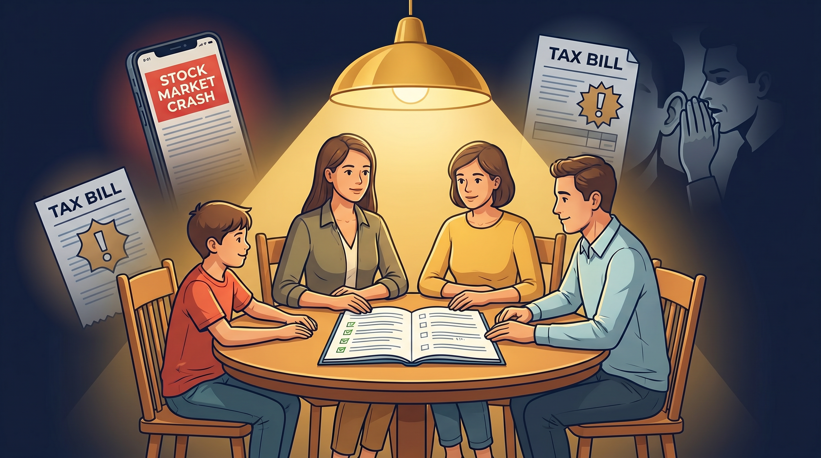 A family focused on their financial plan while distractions swirl around them