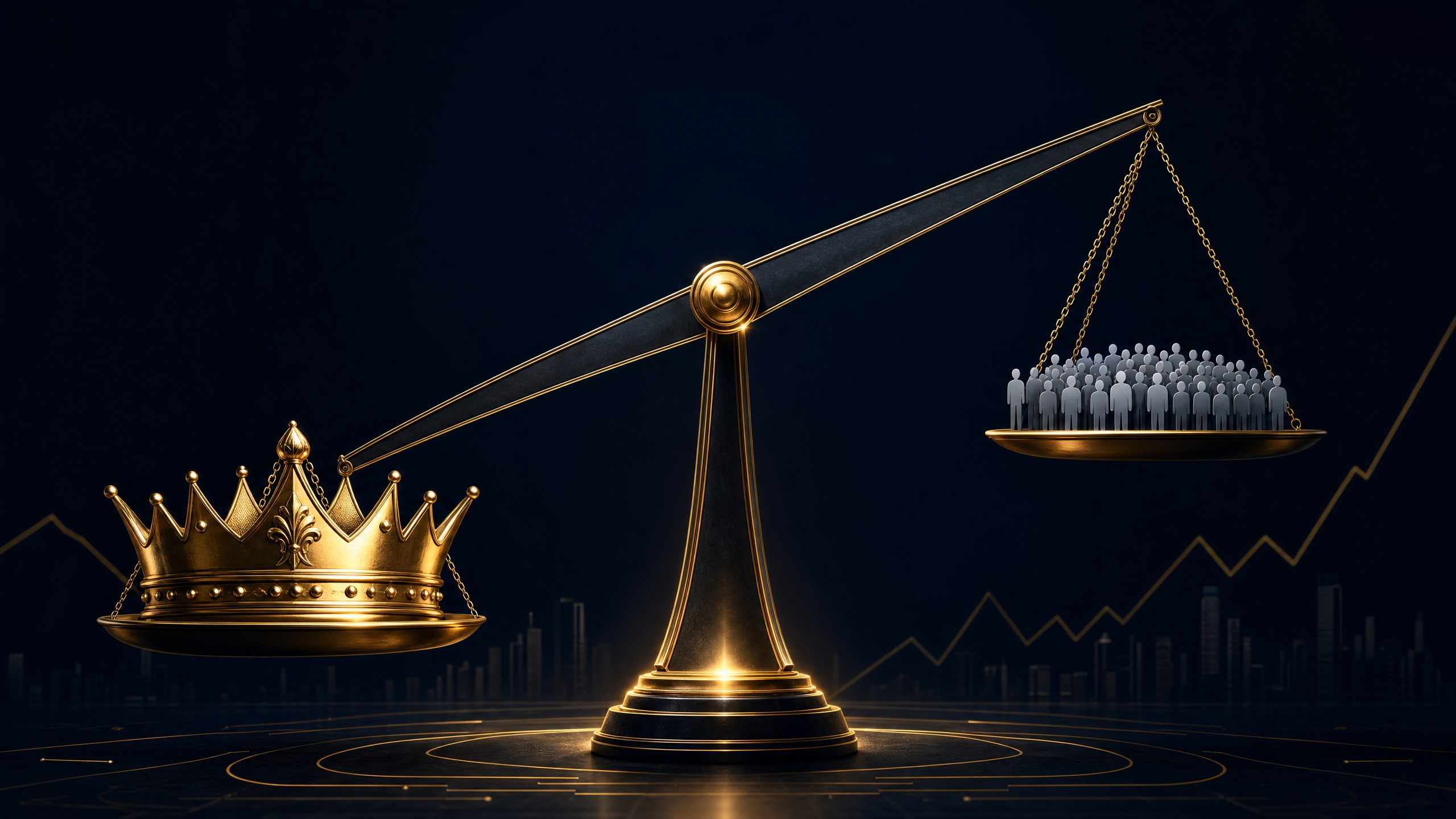 Conceptual image: A scale heavily tipped by a gold crown on one side, with a crowd of small figures on the other side, representing the 82.4% vs 17.6% voting power imbalance